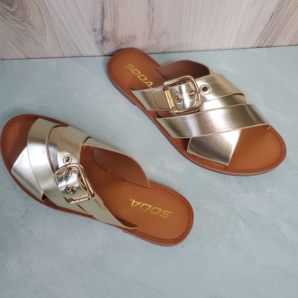 Soda Shoes - New! Gold Double Strap Buckle Sandals